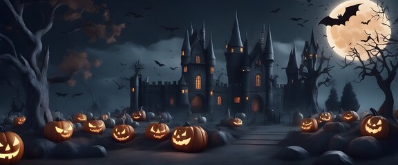 Graveyard to Castle: A Haunting Halloween Night, Moonlit Magic, and Bats in Flight! Your Spooky Holiday Event Banner Background.