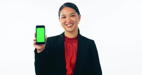 Poster - Business woman, phone green screen and mockup for human resources contact or job advertising in studio. Professional face of asian worker in HR with mobile app tracking marker and on white background