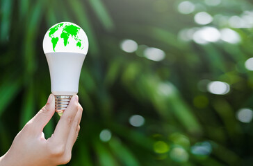 Green world map on modern light bulb with green background, environmental protection, renewable energy, responsible and environmentally friendly. Renewable energy.