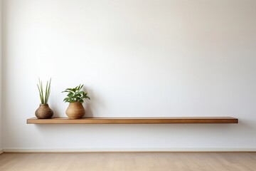 Wall Mural - Wood floating shelf on white wall with wooden floor. Modern interior