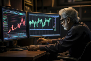 Wall Mural - Indian businessman working on computer and looking stock graph at office.