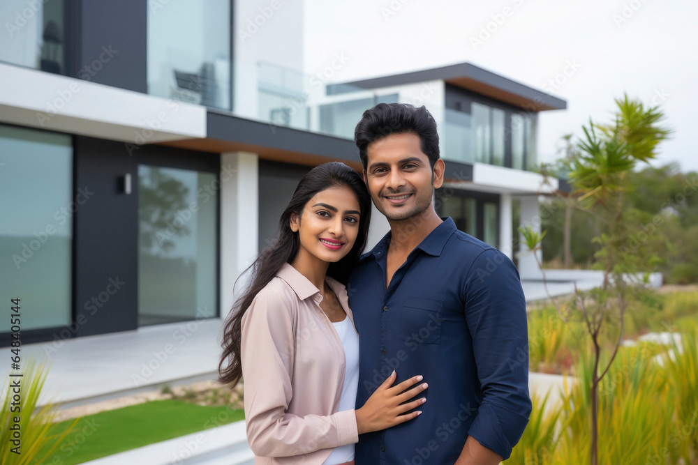 Young indian couple standing together in front of new home Stock Photo ...