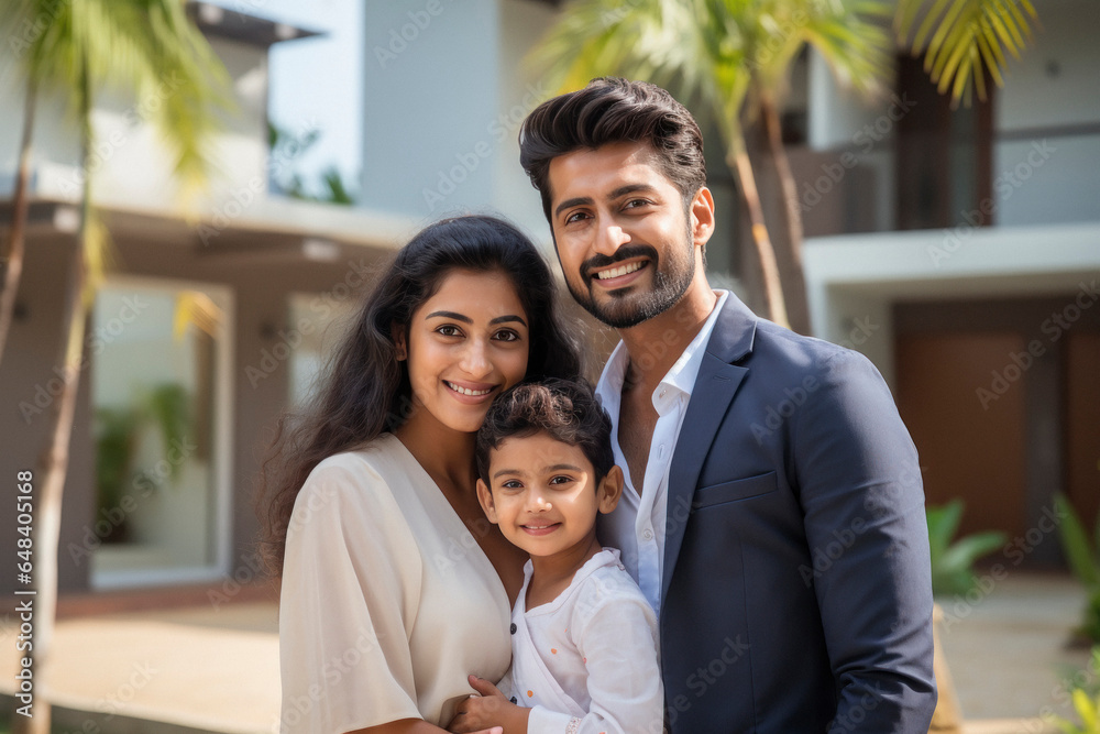 Indian family standing in front of new home. Stock Photo | Adobe Stock
