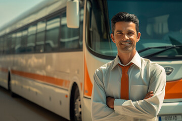 young indian corporate employee standing in front of bus