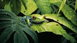 a tropical rainforest canopy, where a vibrant tree frog clings to a leaf, providing a glimpse of its natural habitat