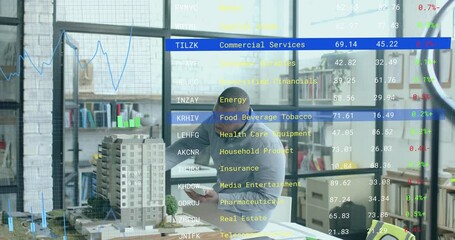 Sticker - Charts processing data over african american male architect studying building model