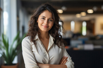 successful female corporate employee standing at office