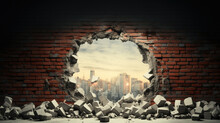 Breaking Through: A Round Hole In The Brick Wall Reveals The Modern City Beyond, Generative AI