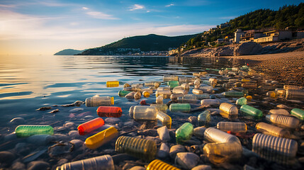 Plastic Garbage Pollution on Ocean Beaches, Bottles and Waste, Cleaning Up Our Act, Generative AI