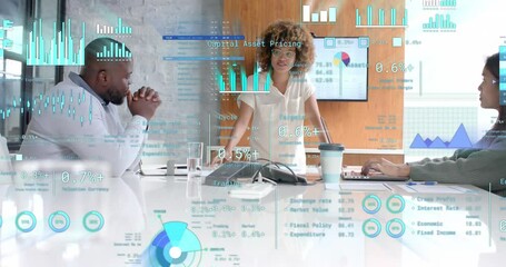 Poster - Data processing on interface over diverse colleagues discussing at casual office presentation