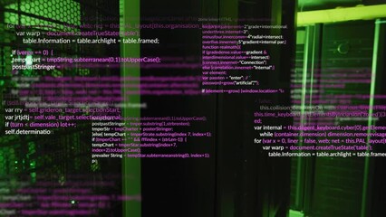 Poster - Animation of multicolored computer language over illuminated data server systems in server room