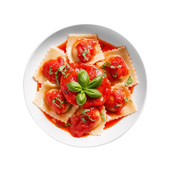 appetizing Ravioli with tomato sauce and basil isolated on transparent background Remove png, Clipping Path