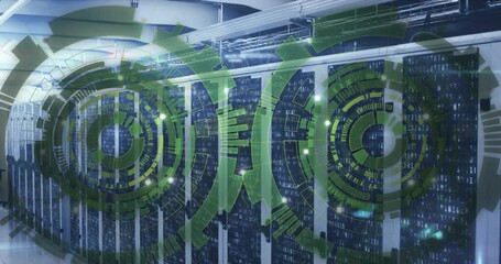 Poster - animation of loading circles over binary codes on data server racks in server room