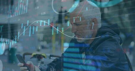 Poster - Animation of trading board, senior caucasian man wearing headphones and scrolling on cellphone