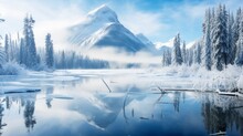  A Scenic View Of A Hoar Frost Covered Forest Island Reflecting Into A Very Cold Steaming Kananaskis Lake In Alberta With Mountains In The Background.
