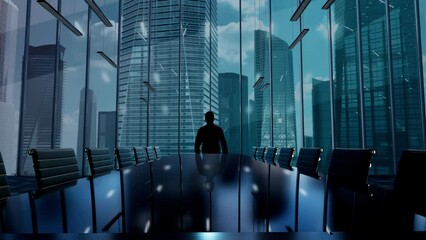 Website Project. Businessman Working in Office among Skyscrapers. Hologram Concept