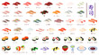 お寿司。握り寿司、巻き寿司、醤油など51種類のイラストセット。フラットなベクターイラスト。 Sushi. A set of 51 illustrations featuring nigiri sushi, rolled sushi, soy sauce, and more. Flat designed vector illustrations.