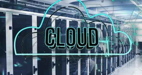 Poster - animation of cloud text in cloud over connected dots on data server racks in server room