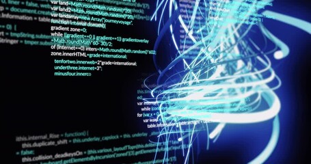 Poster - Animation of spiral pattern and multicolored computer language over black background