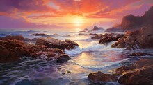 Stunning Sunset Over Rocky Coastline With Pink, Orange, And Purple Hues Painting Sky.Calm Water Reflects Vibrant Colors, While Rugged Rocks And Wet Sand Add Texture