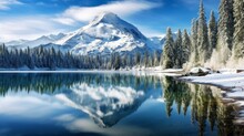  Stunning Winter Alpine Lake & Mountain Scene In The Cascade Range Of Washington State In This View Through Two Snow Covered Evergreens At Snow Capped Mountains And Trees Reflected On Blue Lake Water