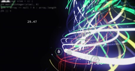Poster - Animation of spiral pattern and multiple icons with computer language over black background