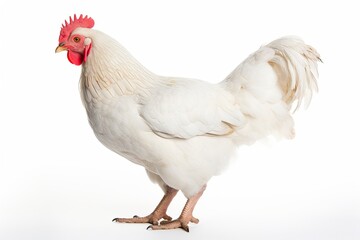 Wall Mural - A white chicken with a red comb standing in front of a white background created with Generative AI technology