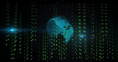 Poster - Animation of falling binary codes with circular pattern and lens flares around rotating globe