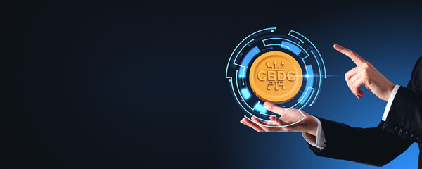 Poster - Man hands with CBDC coin interface