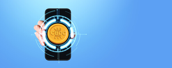 Poster - Man hand holding phone with CBDC coin and glowing hologram, copy space