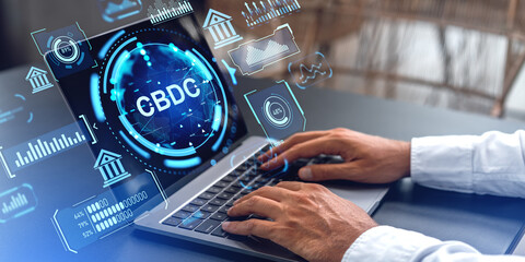 Poster - Businessman using laptop, CBDC hologram hud with digital analysis