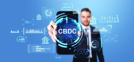 Poster - Man holding smartphone with CBDC hologram hud with graph and indicators