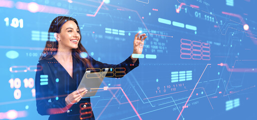 Poster - Woman finger touching data server processing information with binary