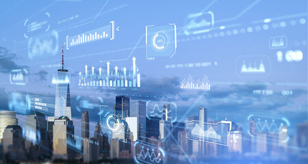 Poster - New York skyline, glowing research infographics and big business data dashboard