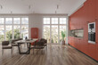 © ImageFlow - Orange hotel kitchen interior with dining and cooking space, panoramic window