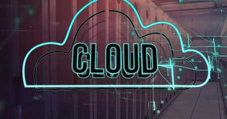 Aufkleber - Animation of cloud text in cloud, circles and navigation pattern over server room
