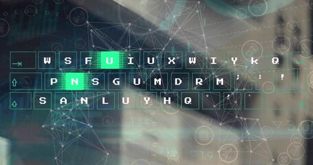 Poster - Animation of moving pattern on keyboard, connected dots, graphs, trading board over building