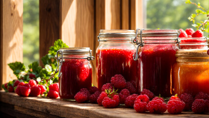 Wall Mural - Jars of raspberry jam on a kitchen background