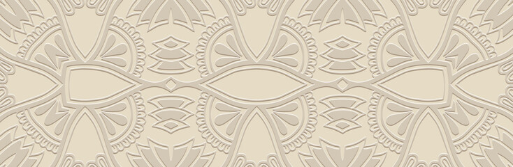 Wall Mural - Banner, unique cover design. Relief ethnic geometric 3D pattern on a light background. Handmade, minimalism, boho. Vintage tribal motifs of the East, Asia, India, Mexico, Aztec, Peru.