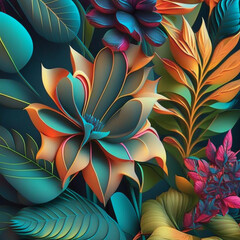 Wall Mural - Colorful flowers with stems and leaves.