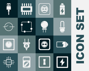 Poster - Set Lightning bolt, Battery charge level indicator, LED light bulb, Electrical outlet, circuit scheme, USB cable cord and emitting diode icon. Vector