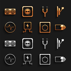 Poster - Set Electric transformer, Electrical panel, Battery charge level indicator, light switch, circuit scheme, cable, outlet and icon. Vector