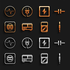 Poster - Set Electrical measuring instruments, circuit scheme, Audio jack, Multimeter, outlet, Lightning bolt, and plug icon. Vector