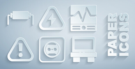 Poster - Set Electrical outlet, measuring instruments, Exclamation mark triangle, Fuse, High voltage and Resistor electricity icon. Vector