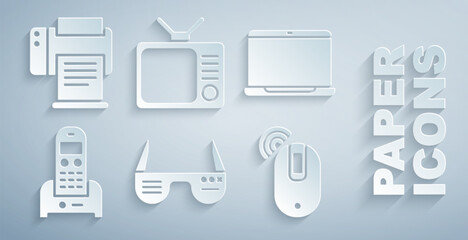Poster - Set Smart glasses, Laptop, Telephone, Wireless computer mouse, Retro tv and Printer icon. Vector