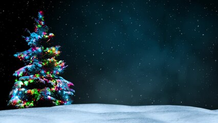 snow-covered christmas tree with colorful lights in a snowy winter landscape. loop