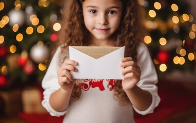 A little girl holding an envelope with letter for Santa Claus. Generative AI