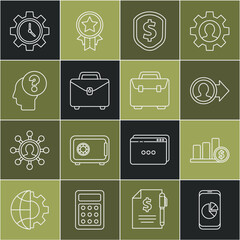 Poster - Set line Mobile phone with graph chart, Pie infographic and dollar, Job promotion, Shield, Briefcase, Human head question mark, Time Management and icon. Vector