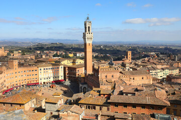 Wall Mural - Siena, SI, Italy - February 20, 2023: view of City with the Tower called TORRE del MANGIA and the Palio square