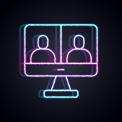 Aufkleber - Glowing neon line Video chat conference icon isolated on black background. Computer with video chat interface active session on screen. Vector